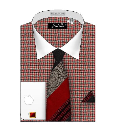 Fratello's FRV4157P2 Red Houndstooth Woven Fabric Shirt, featuring a classic men's design complete with a matching tie and pocket square.