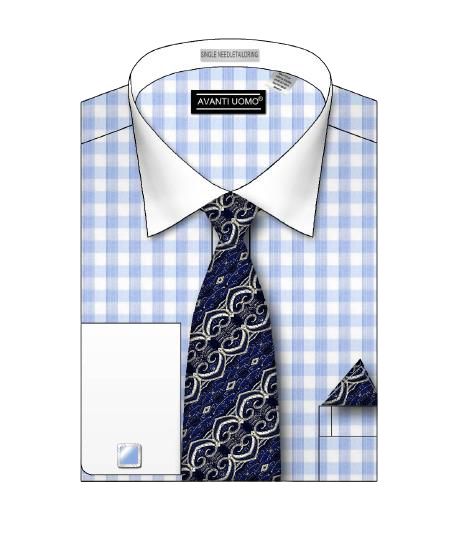 Illustration of the AVANTI UOMO Small Check Pattern Pastel Color Shirt DN106M LTBLUE, showcasing a folded blue and white checkered dress shirt with a white collar, complemented by a dark blue patterned tie and matching pocket square.