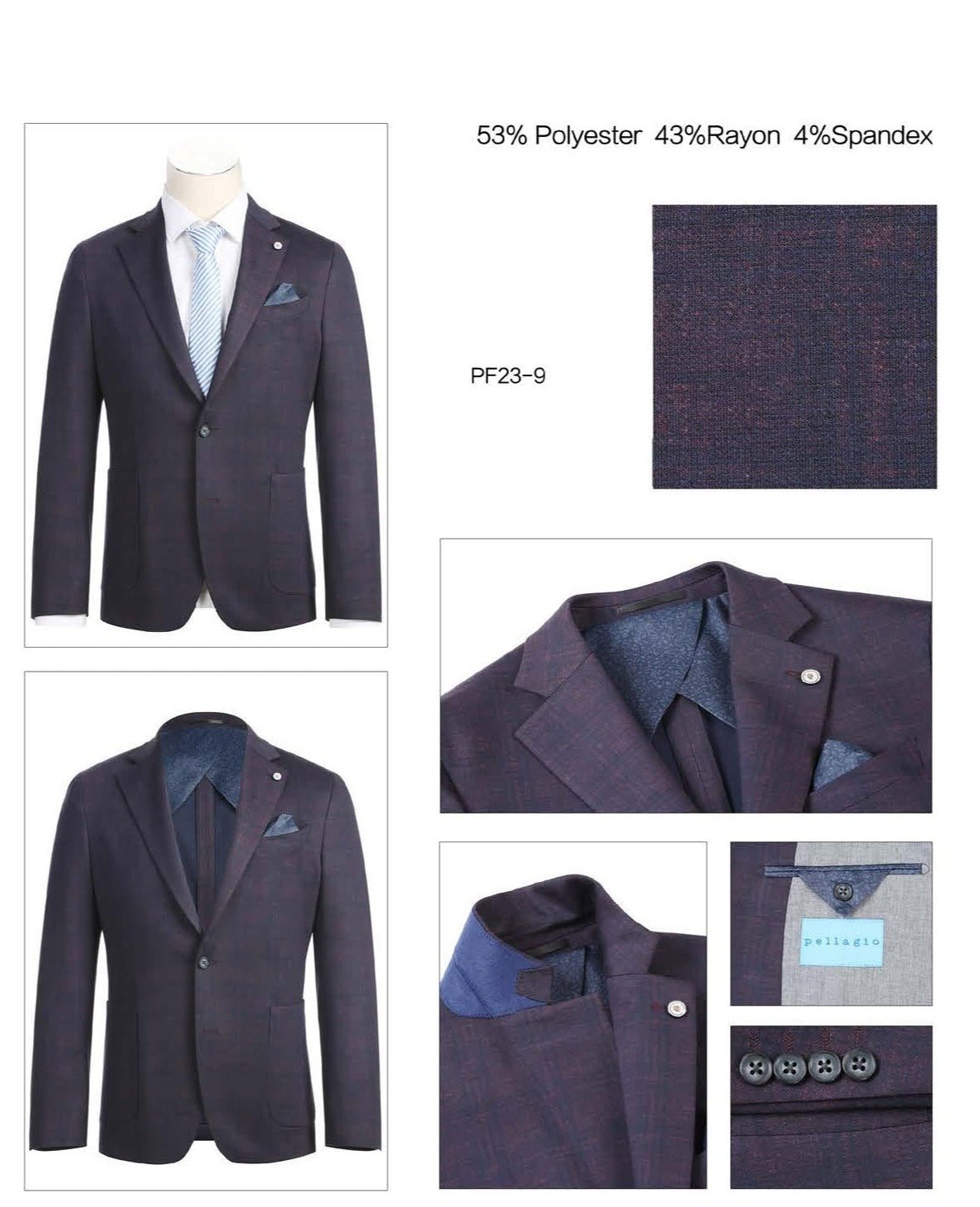 Displayed on a mannequin, the Pellagio Men's Half Canvas Gray Blue Blazer PF23-9 showcases a white shirt, light blue striped tie, and pocket square. With its slim fit and notched lapel, this stylish blazer from Pellagio is a sophisticated choice.