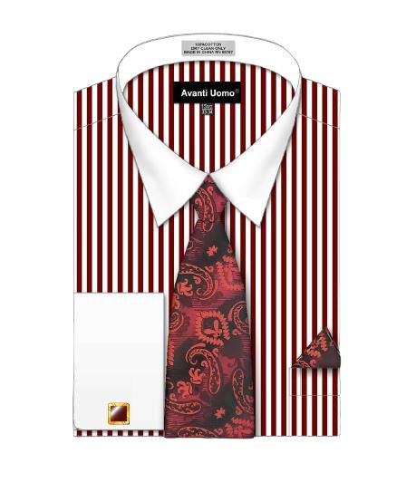 AVANTI UOMO burgundy striped pattern dress shirt with a white collar and cuff, paired with a coordinated paisley tie and pocket square.