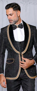 INSOMNIA CARTIER Slim fit Black Fancy Woven w/ Hand Sewn Trim and Bow Tie Suit