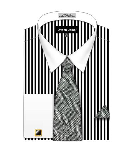 AVANTI UOMO's Striped Pattern Black Dress Shirt with White Collar and Cuffs, paired with a crosshatch patterned tie and matching pocket square.