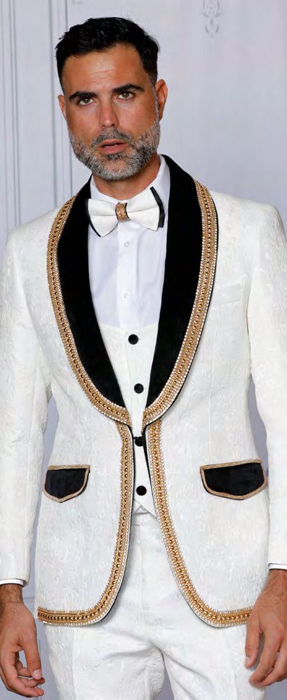 INSOMNIA CARTIER Slim fit White Fancy Woven w/ Hand Sewn Trim and Bow Tie Suit