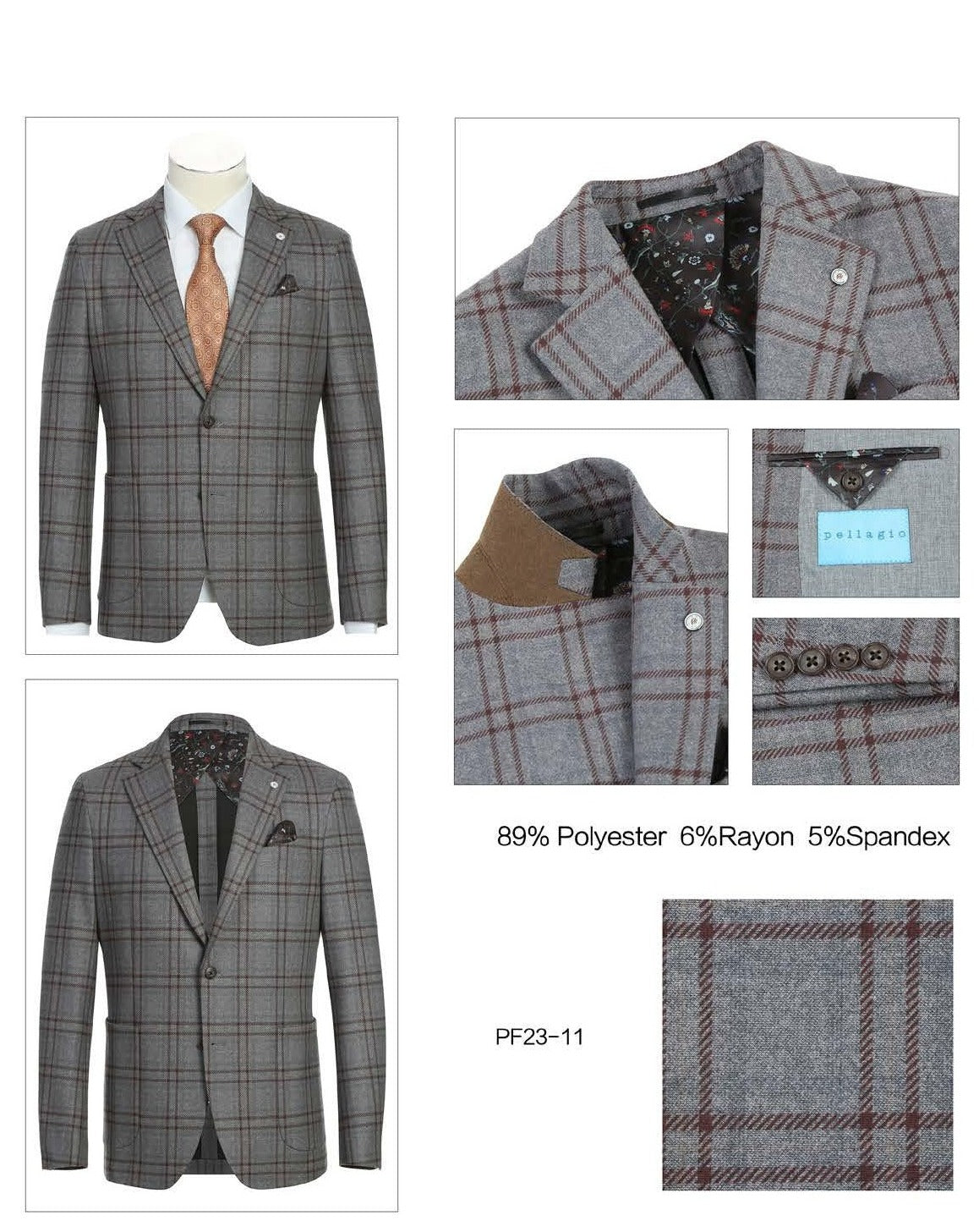 Displayed on a mannequin, the Pellagio Men's Half Canvas Gray Blazer PF23-11 features a notched lapel and single-breasted design, paired with a white shirt and an orange patterned tie.