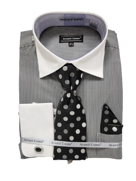 An AVANTI UOMO MICRO STRIPE dress shirt with a white collar and cuffs, paired with a coordinating polka dot tie and pocket square.