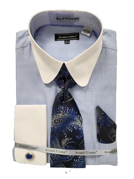 A folded blue dress shirt with a round white collar and cuffs, paired with a matching blue paisley tie and pocket square, showcases the AVANTI UOMO brand label. This is the AVANTI UOMO MONOTONE GLEN CHECK ROUND WHITE COLLAR & CUFF DN131M BLUE.