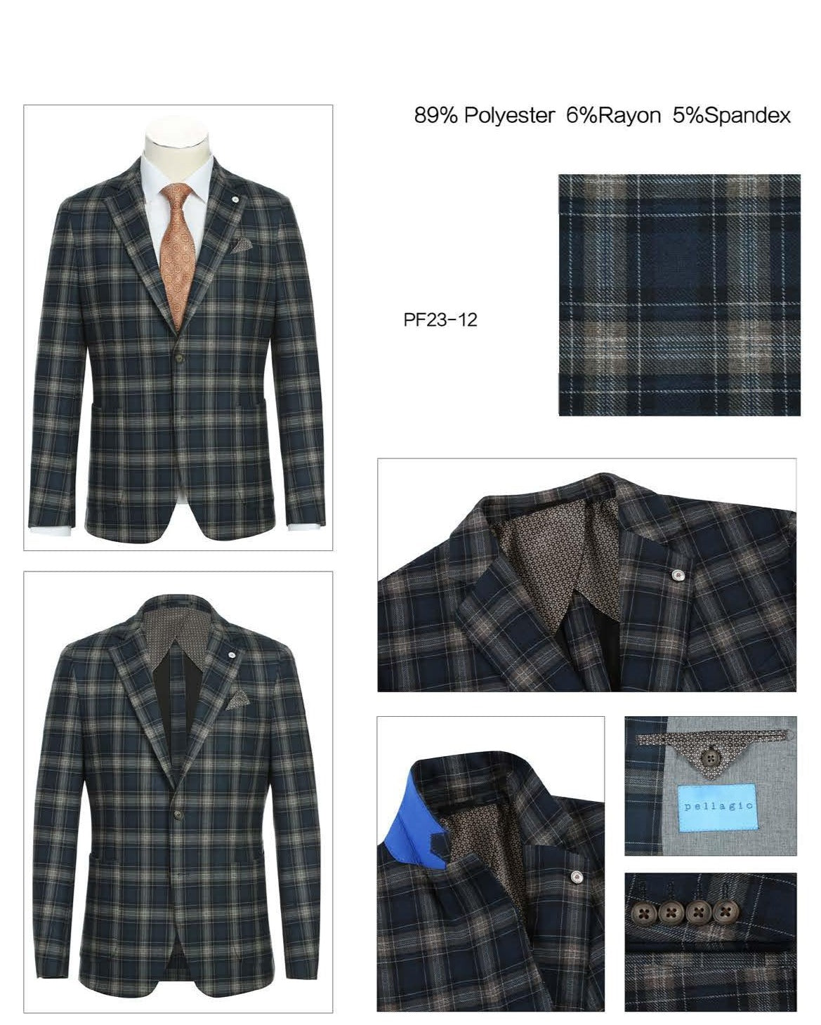 Display a mannequin wearing the Pellagio Men's Half Canvas Navy Brown Blazer PF23-12, showcasing its tailored, single-breasted plaid design. It's perfectly complemented with a light blue dress shirt and an orange patterned tie.