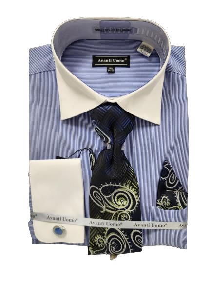 AVANTI UOMO's blue MICRO STRIPE dress shirt featuring a white collar and cuffs is neatly folded, complemented by a paisley tie and matching pocket square.