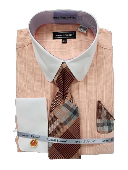 AVANTI UOMO's DN131M coral dress shirt, featuring a round white collar and cuffs, is complemented by a brown plaid tie and matching pocket square.