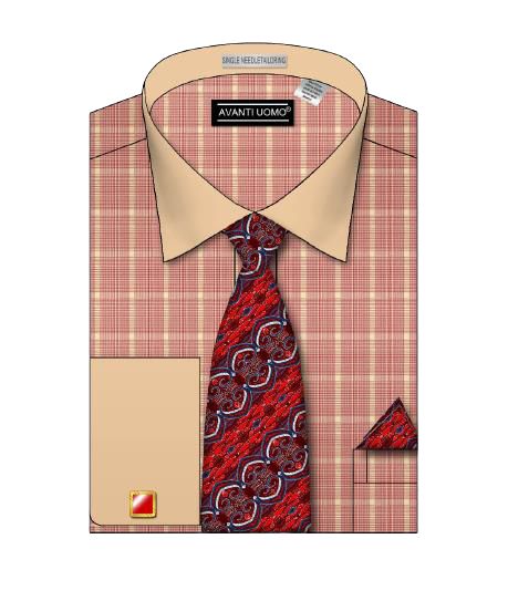 A folded AVANTI UOMO red glen check pattern dress shirt with a matching paisley tie and pocket square.