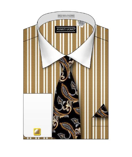 AVANTI UOMO DOUBLE STRIPED WHITE COLLAR DS3823P2 BEIGE dress shirt, featuring a beige striped pattern with a white collar and cuffs, paired with a paisley tie and matching pocket square.