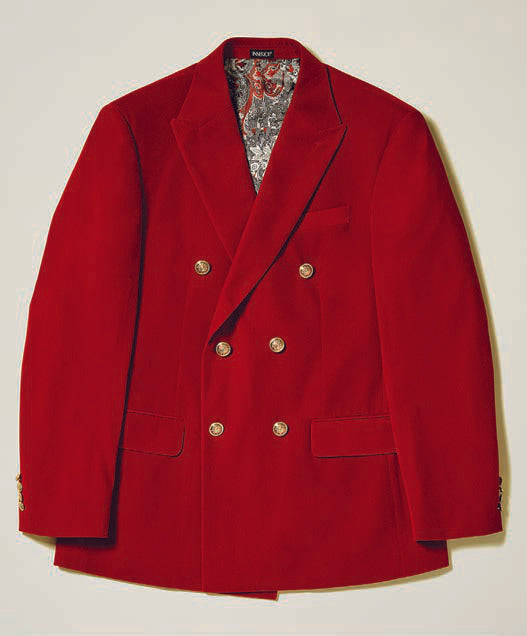 The Inserch DB Velvet Blazer BL502-30 Red is a red velvet double-breasted blazer featuring military shank buttons and a patterned inner lining, offering a modern fit that's both stylish and sophisticated.