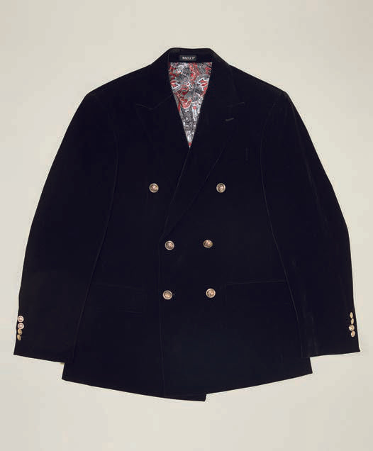 Product Data: The Inserch Double Breasted Velvet Peak Lapel Blazer in black (model BL502) features gold military shank buttons against a solid backdrop. The colorful patterned inside lining adds a surprising touch of flair.