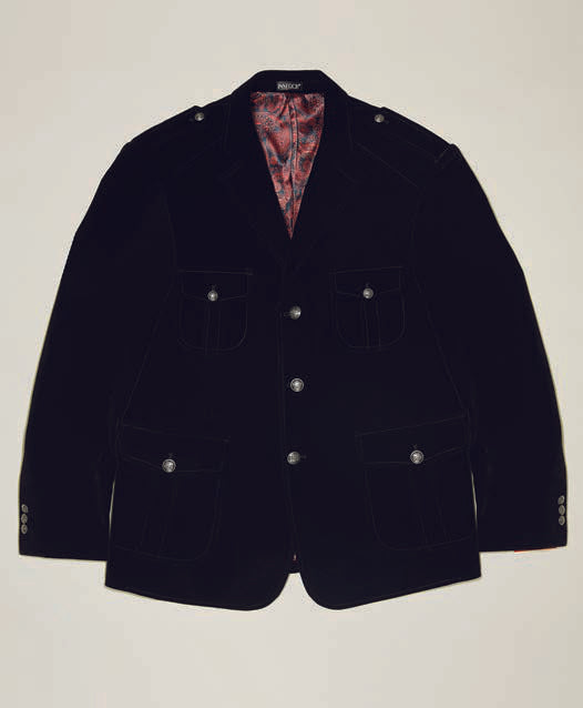 An Inserch Velvet Military Blazer BL569-01 Black, designed with military buttons, buttoned pockets, and epaulets, featuring a striking red patterned lining.