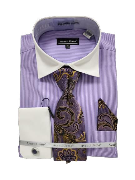 An AVANTI UOMO Micro Stripe lavender dress shirt with white collar and cuffs, styled with a paisley tie and pocket square.