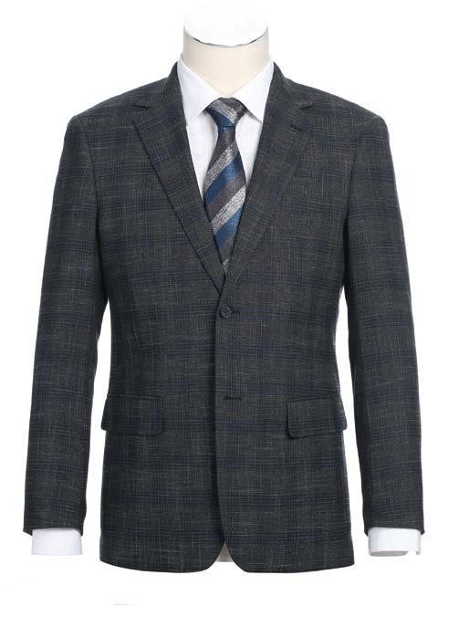 A mannequin showcases the Alessandro Vitello by Renoir New Slim Fit Sport Coat 294-39, boasting a sophisticated gray checkered pattern with a classic notch lapel and side-vented design, layered over a crisp white dress shirt accented by a blue striped tie.