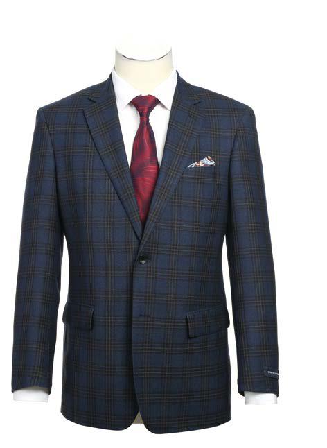 An ALESSANDRO VITELLO Classic Fit Wool Sport Coat 565-10 by Alessandro Vitello, featuring a blue plaid 100% wool suit jacket with a notch lapel, elegantly displayed with a white shirt, red tie, and patterned pocket square on a 2B side-vented mannequin.