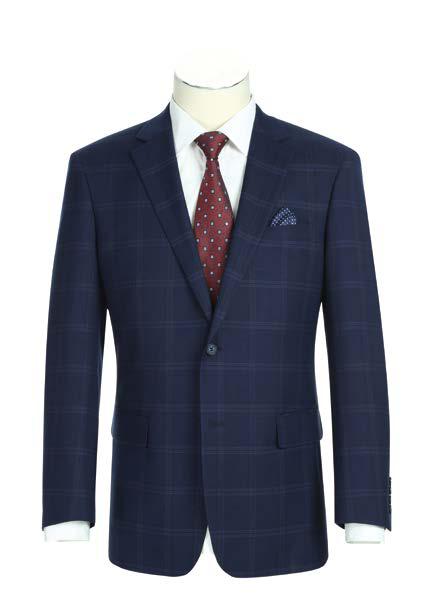 The Alessandro Vitello by Renoir Classic Fit Suit 293-41, featuring a navy checkered jacket with a notch lapel, is perfectly styled over a white shirt. Complement this ensemble with a red polka dot tie and a patterned pocket square. Complete the polished look with flat front pants.