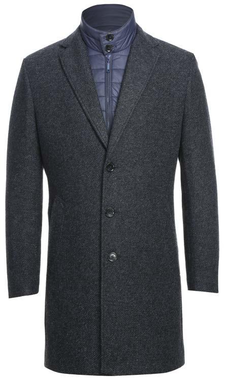 Introducing the ALESSANDRO VITELLO Long Coat 830-11 by Alessandro Vitello: a dark gray wool coat with a three-button front and a high-collared removable nylon bib underneath.