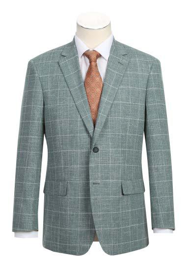 The Alessandro Vitello by Renoir Classic Fit Sport Coat 294-30, a green checkered polyester jacket featuring a notch lapel and side-vented back, is stylishly displayed over a white shirt and paired with a brown patterned tie, all elegantly showcased on a mannequin.