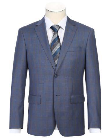 A mannequin displays the Alessandro Vitello by Renoir 2-Piece New Slim Fit Wool Suit 566-2, featuring a blue plaid suit jacket with a notch lapel, crafted from 100% wool. It is elegantly complemented by a crisp white shirt and a fashionable blue striped tie.