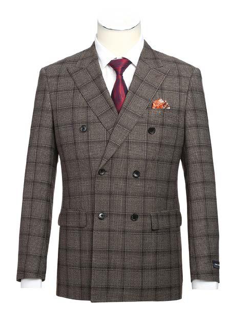 The ALESSANDRO VITELLO New Slim Fit DB Suit 565-7 by Alessandro Vitello in a gray plaid pattern features peak lapels and is elegantly showcased on a mannequin, paired with a red tie and an orange pocket square.