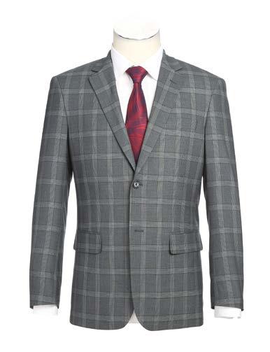 The Alessandro Vitello by Renoir New Slim Fit Suit 293-46, featuring a gray plaid design with a notch lapel and single button closure, is elegantly styled on a mannequin with a white shirt and red plaid tie. The side-vented details add an extra touch of sophistication.