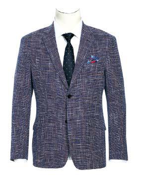 Displayed on a mannequin is the Alessandro Vitello by Renoir Slim Fit Sport Coat 563-3 in blue checkered, featuring a notch lapel. It is styled with a white shirt and black polka dot tie. The side-vented design adds sophistication to this Renoir piece, while a blue pocket square with red accents complements the wool blend ensemble.