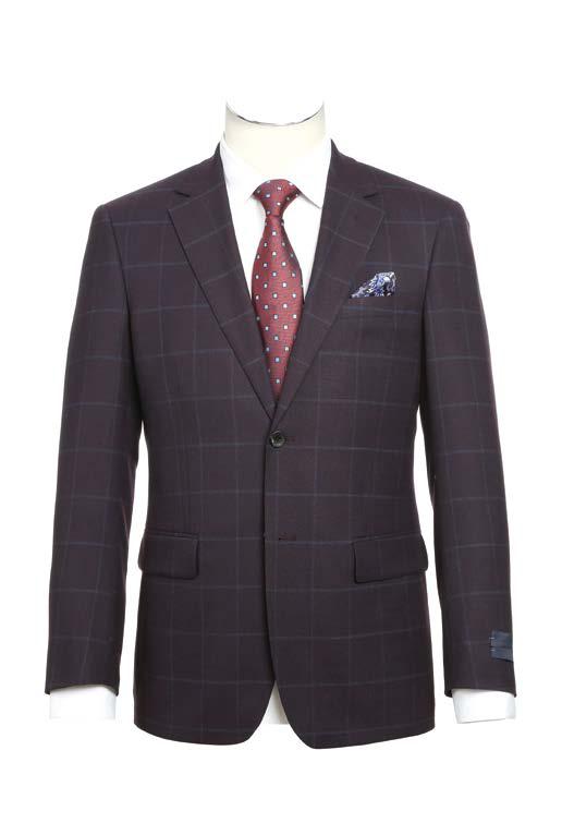 The Alessandro Vitello New Slim Fit Sport Coat 565-11, featuring a dark plaid wool fabric and a notch lapel, is elegantly showcased on a side-vented mannequin along with a white shirt, red polka dot tie, and blue pocket square.