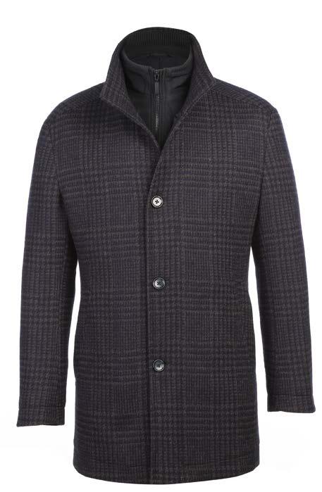 The ALESSANDRO VITELLO Quilted Overcoat 830-13 by Alessandro Vitello, featuring a dark gray plaid pattern, three buttons, a high collar, and an insulated interior, offers both style and warmth.