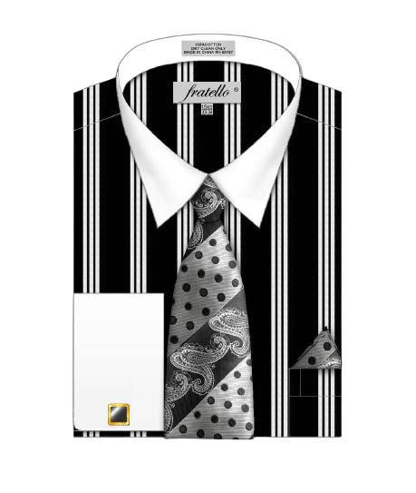 Fratello's FRV4158P2 is a triple-striped black and white men's dress shirt, featuring a paisley and polka dot tie, white collar and cuff, along with a matching pocket square.