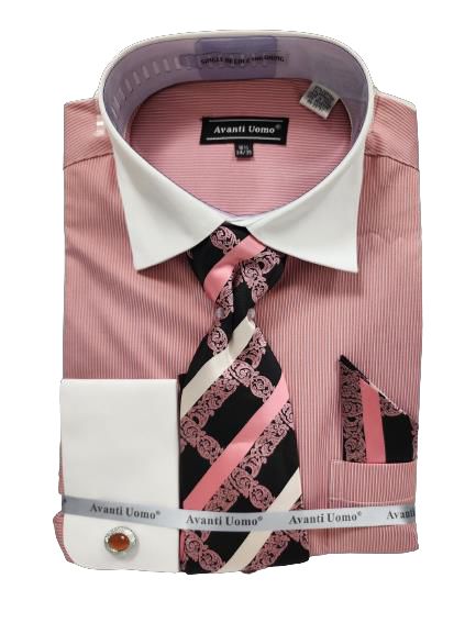 AVANTI UOMO Micro Stripe dress shirt with a white collar and cuffs in rust, complemented by a matching pink and black striped tie and pocket square.