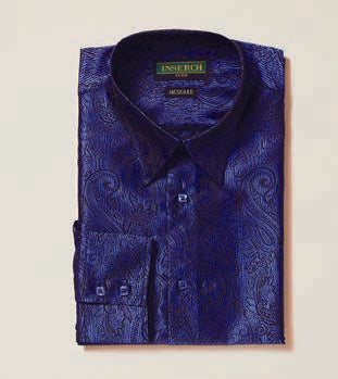 A neatly folded Inserch Long Sleeve Paisley Jacquard Shirt in Deep Sea Blue, featuring a regular fit design with a high collar stand, is displayed against a light background. The tag reads "Inserch.