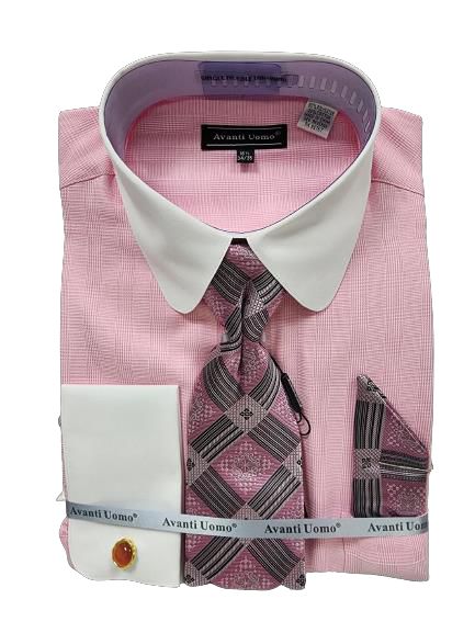 The AVANTI UOMO MONOTONE GLEN CHECK ROUND WHITE COLLAR & CUFF DN131M PINK dress shirt, featuring a white collar, is beautifully paired with a patterned pink tie and matching pocket square, all elegantly wrapped in a branded ribbon from AVANTI UOMO.