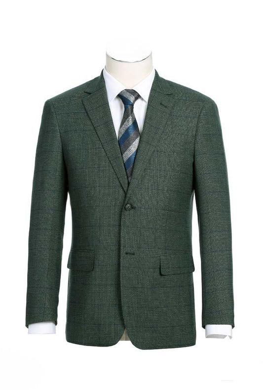 Displayed on a mannequin is the Alessandro Vitello by Renoir New Slim Fit Sport Coat 294-36, a sophisticated creation from Renoir. This green sport coat, crafted from a luxurious blend of polyester and rayon, boasts a notch lapel, single-button closure, and two front pockets. It is stylishly paired with a white dress shirt and a blue-striped tie.