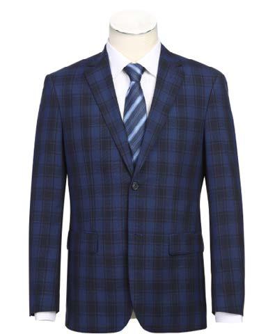 A mannequin showcases the Alessandro Vitello by Renoir 2-Piece New Slim Fit Suit 566-1, featuring a blue plaid suit jacket with a notch lapel, complemented by a matching tie and white dress shirt, all flawlessly paired with flat front pants for an impeccable look.