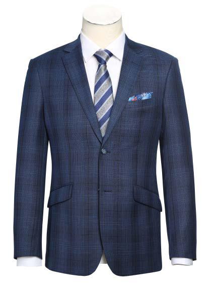 The Alessandro Vitello by Renoir Slim Fit Sport Coat 565-4, featuring a side-vented design in blue plaid wool, drapes elegantly over a white shirt and striped tie on the mannequin.