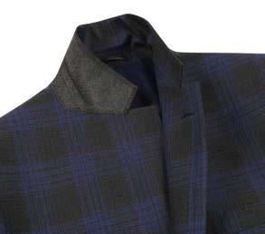 A mannequin dressed in an Alessandro Vitello New Slim Fit Sport Coat 565-12 featuring a wool, dark plaid design with a notch lapel and 2B side vents, paired with a crisp white shirt and a blue patterned tie.