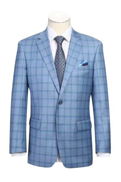 An Alessandro Vitello by Renoir Classic Fit Wool Sport Coat 565-1 features a blue checkered design with a notch lapel and pairs elegantly with a white shirt and patterned tie. The ensemble is completed by a blue pocket square tucked neatly in the jacket's breast pocket.