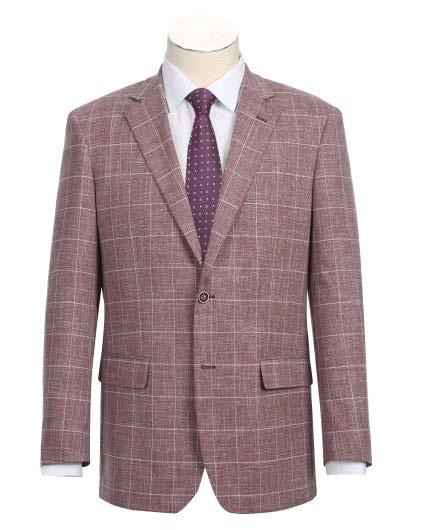 A mannequin is dressed in an Alessandro Vitello by Renoir Classic Fit Sport Coat 294-31, featuring a red checkered design with a notch lapel and side vents, complemented by a white shirt and a purple tie.