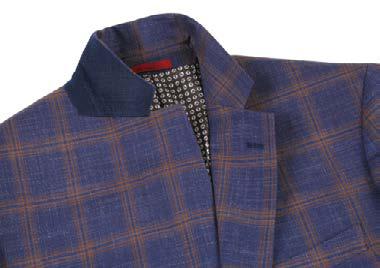 A mannequin is dressed in the Alessandro Vitello by Renoir Classic Fit Sport Coat 294-18, showcasing a trendy blue and brown plaid pattern with a notch lapel design. It's paired beautifully with a white shirt and navy tie. The polyester fabric delivers a sleek finish, while the side vents enhance its sophisticated style.