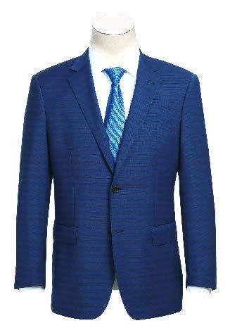 The Alessandro Vitello by Renoir 2-Piece Classic Fit Suit 564-2, featuring a blue wool blend with a notch lapel and matching tie, graces the mannequin, displayed against a pure white background.