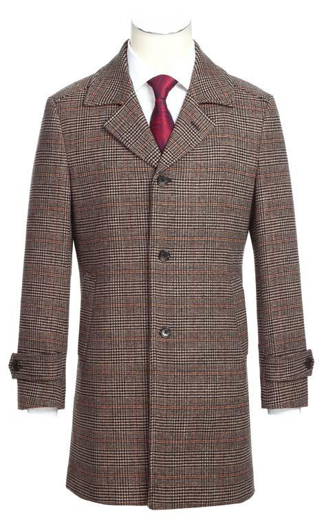 The Alessandro Vitello Long Coat 830-8 is a brown plaid wool overcoat featuring a classic collar, three buttons, and two front flapped pockets. It pairs elegantly with a white shirt and red tie, while the belted sleeves add an extra touch of sophistication.