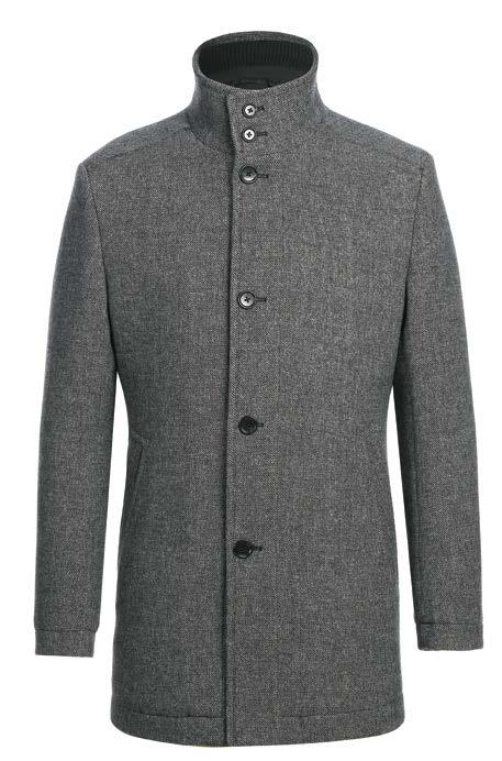 The Alessandro Vitello ALESSANDRO VITELLO Quilted Overcoat 830-12 is a gray wool coat with a high collar and five black buttons arranged vertically, complemented by a removable nylon bib for added versatility.