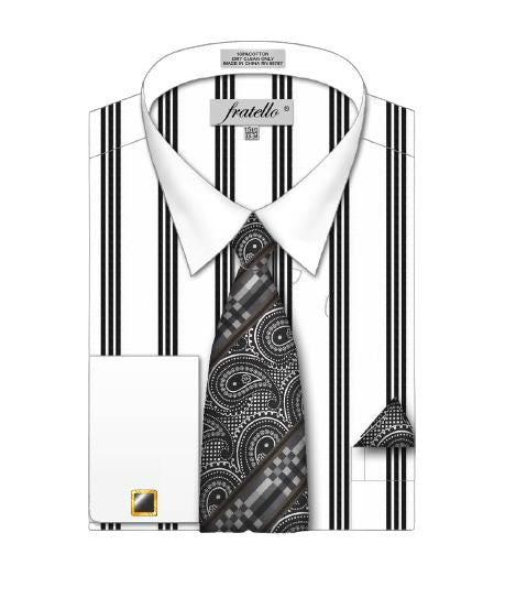 Fratello's Triple Striped Dress Shirt (FRV4158P2 White) with a black and white paisley tie and a white pocket square featuring a black paisley design.