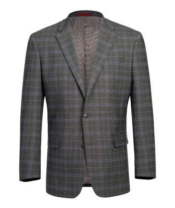 An Alessandro Vitello by Renoir 2-Piece Classic Fit Suit in gray plaid, showcasing a side-vented design with two buttons, front pockets, and a classic notch lapel, is displayed against a white background.