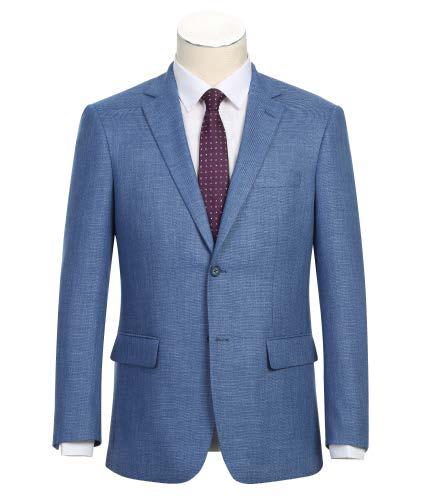 The mannequin is dressed in the Renoir Alessandro Vitello New Slim Fit Sport Coat 294-26, featuring a notch lapel and crafted from polyester in a striking blue hue. It is elegantly paired with a white dress shirt and a burgundy tie adorned with small white dots. The side-vented design of the coat enhances the sophistication of the look.