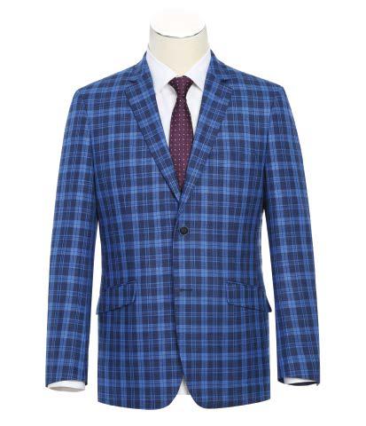 The Alessandro Vitello by Renoir Slim Fit Sport Coat 294-17 showcases a blue plaid design with a notch lapel and side vents, featuring two buttons. Made from a high-quality polyester rayon blend, this sophisticated coat offers front pockets and is displayed on a mannequin paired with an eye-catching red polka dot tie.