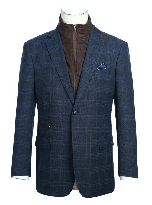 Alessandro Vitello by Renoir Classic Fit Sport Coat 294-34, a side-vented blue plaid blazer featuring a brown zippered insert and a pocket square, is crafted from a blend of polyester and spandex and displayed elegantly on a mannequin.