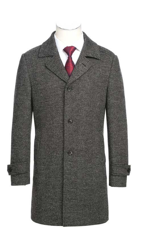 The ALESSANDRO VITELLO Long Coat 830-7 by Alessandro Vitello, crafted from wool in a sophisticated gray herringbone pattern, pairs elegantly with a red tie and white shirt for a classic car coat look.